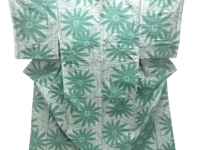 アンティーク　花模様織り出し手織り紬着物